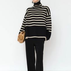 2Pcs Womens High Neck Striped Pullover Sweater