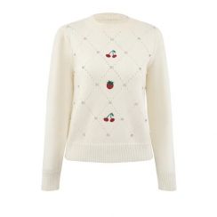 Womens Round Neck White Pullover Embroidered Diamond Sweater