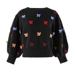 Women Embroidered Butterfly Bubble Sleeve Knit Pullover Sweater