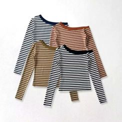 3Pcs Knit Striped Strapless Slim Long Sleeve Bottom Shirt