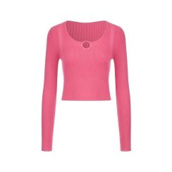 2Pcs Pink Cutout Elegant Ribbed Knit Bottom Shirt