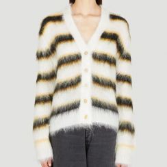 Womens Striped Fuzzy Mohair Knit Cardigan